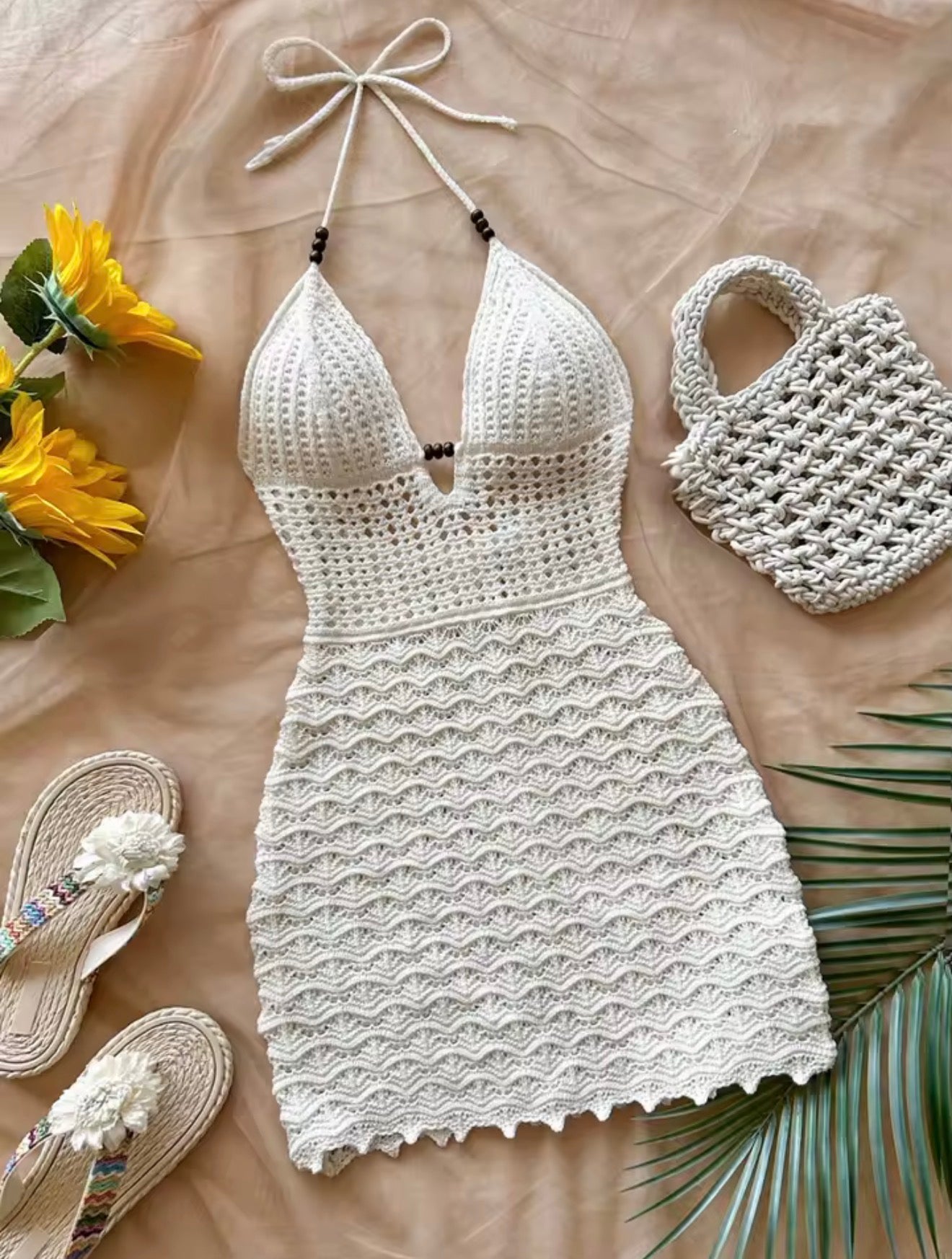 Moonflower V-Neck Backless Knit Dress – Hollow-Out Spaghetti Strap Vacation Dress with Wooden Bead Detail