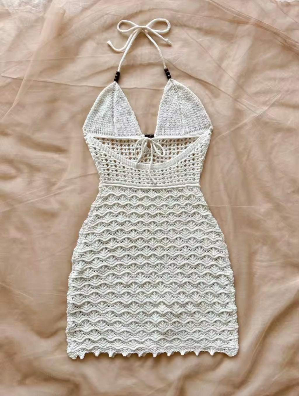 Moonflower V-Neck Backless Knit Dress – Hollow-Out Spaghetti Strap Vacation Dress with Wooden Bead Detail