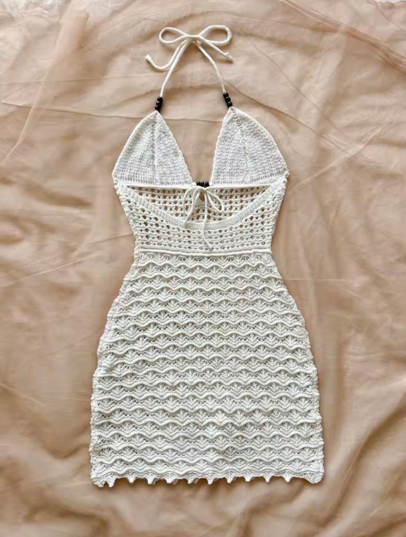 Moonflower V-Neck Backless Knit Dress – Hollow-Out Spaghetti Strap Vacation Dress with Wooden Bead Detail