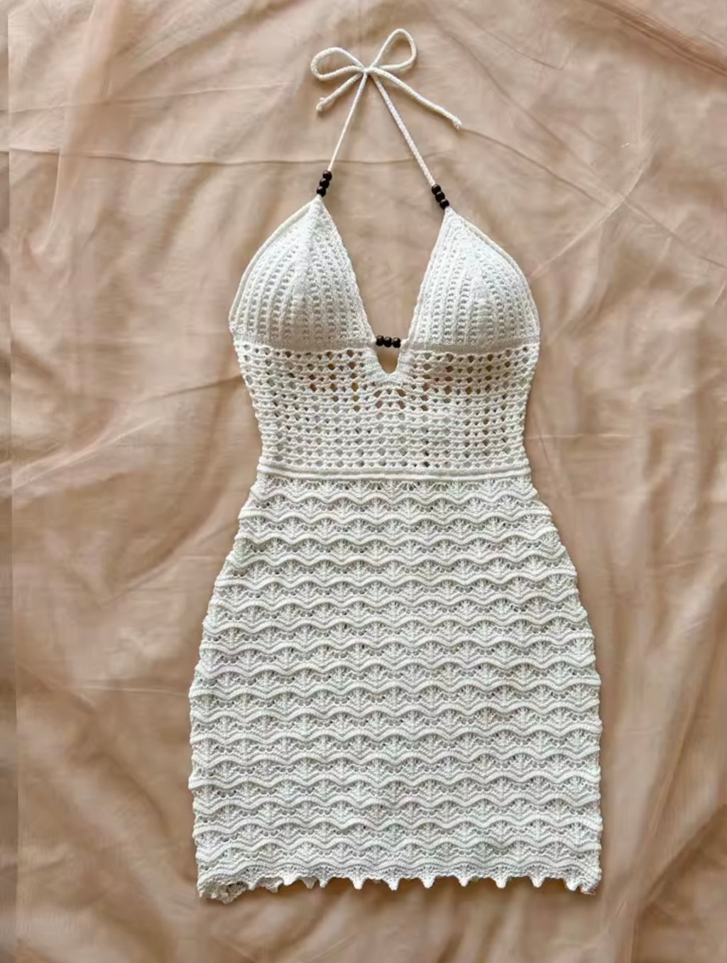 Moonflower V-Neck Backless Knit Dress – Hollow-Out Spaghetti Strap Vacation Dress with Wooden Bead Detail