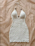 Moonflower V-Neck Backless Knit Dress – Hollow-Out Spaghetti Strap Vacation Dress with Wooden Bead Detail