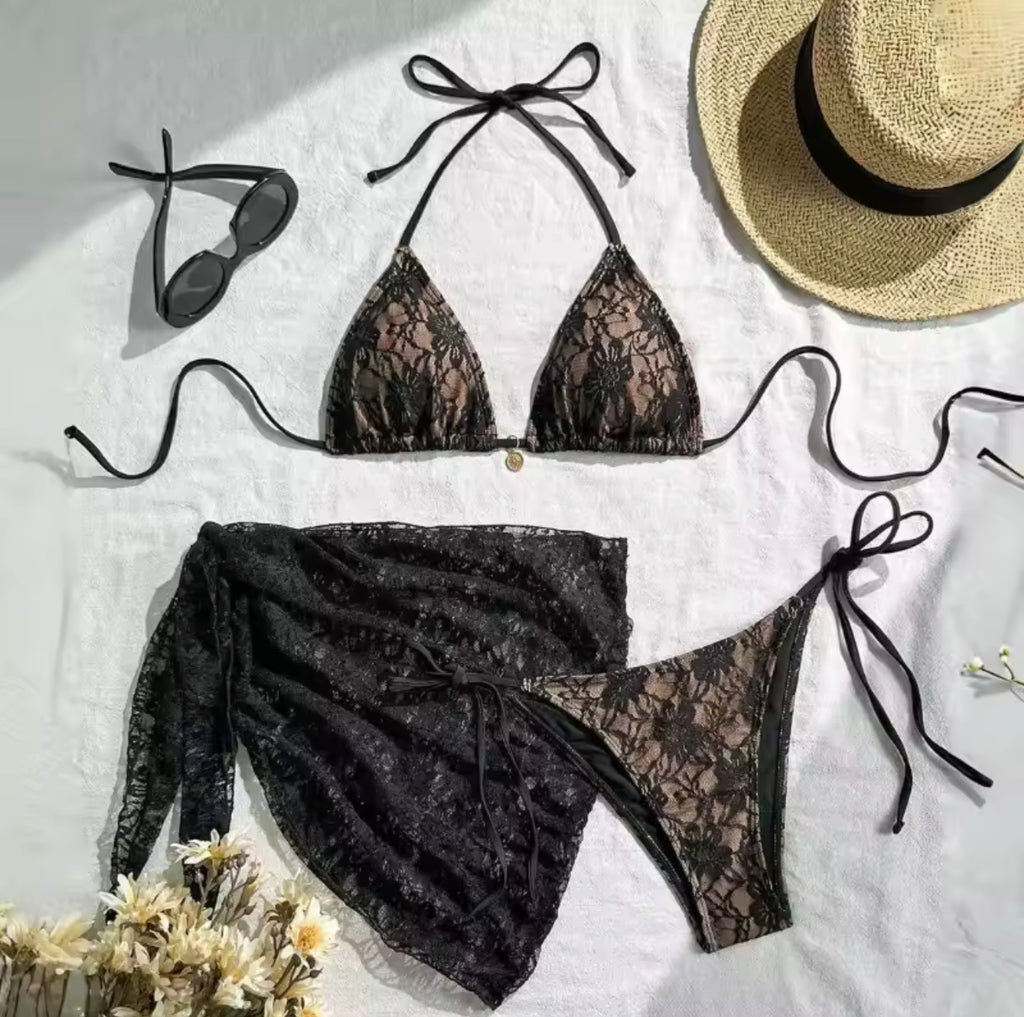 Midnight Lace 3-Piece Brazilian Bikini Set – Women’s Swimsuit with Cover-Up Beachwear & Pool Party Swim Set