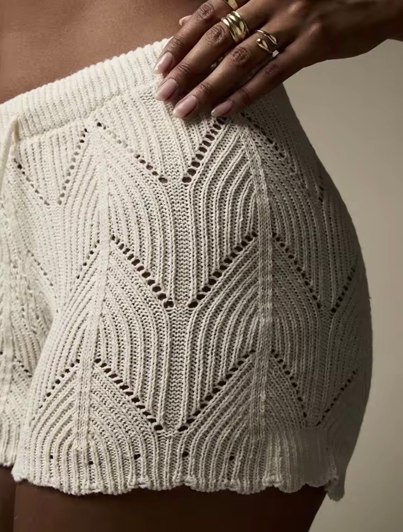 Hollow Drawstring Open Waist Knitted Bikini Cover-Up Shorts for Women - Lightweight Beach Sundress Style Bottoms