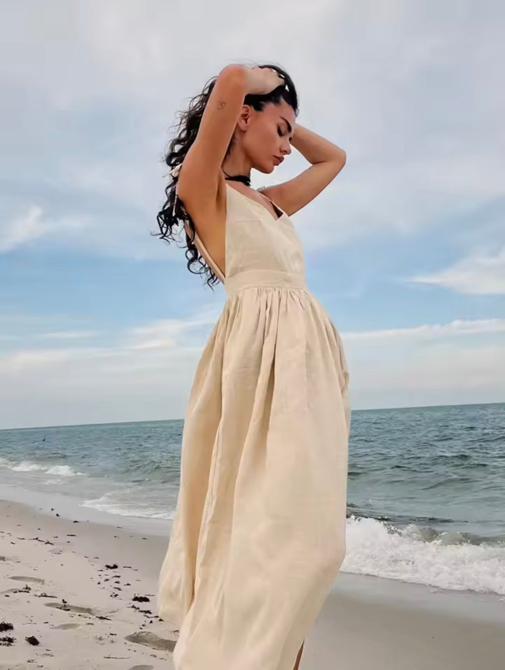 Sandcastle Vintage Cotton Sling Dress – A-Line V-Neck Sundress with Relaxed Fit