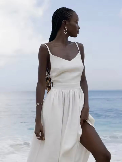 Daylight Vintage Cotton Sling Dress – Summer Beach A-Line V-Neck Sundress with Relaxed Fit