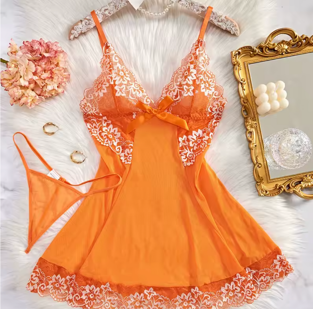 Orange Blossom – Elegant Sling Sleepwear Pajama Set with Thong Babydoll Lingerie
