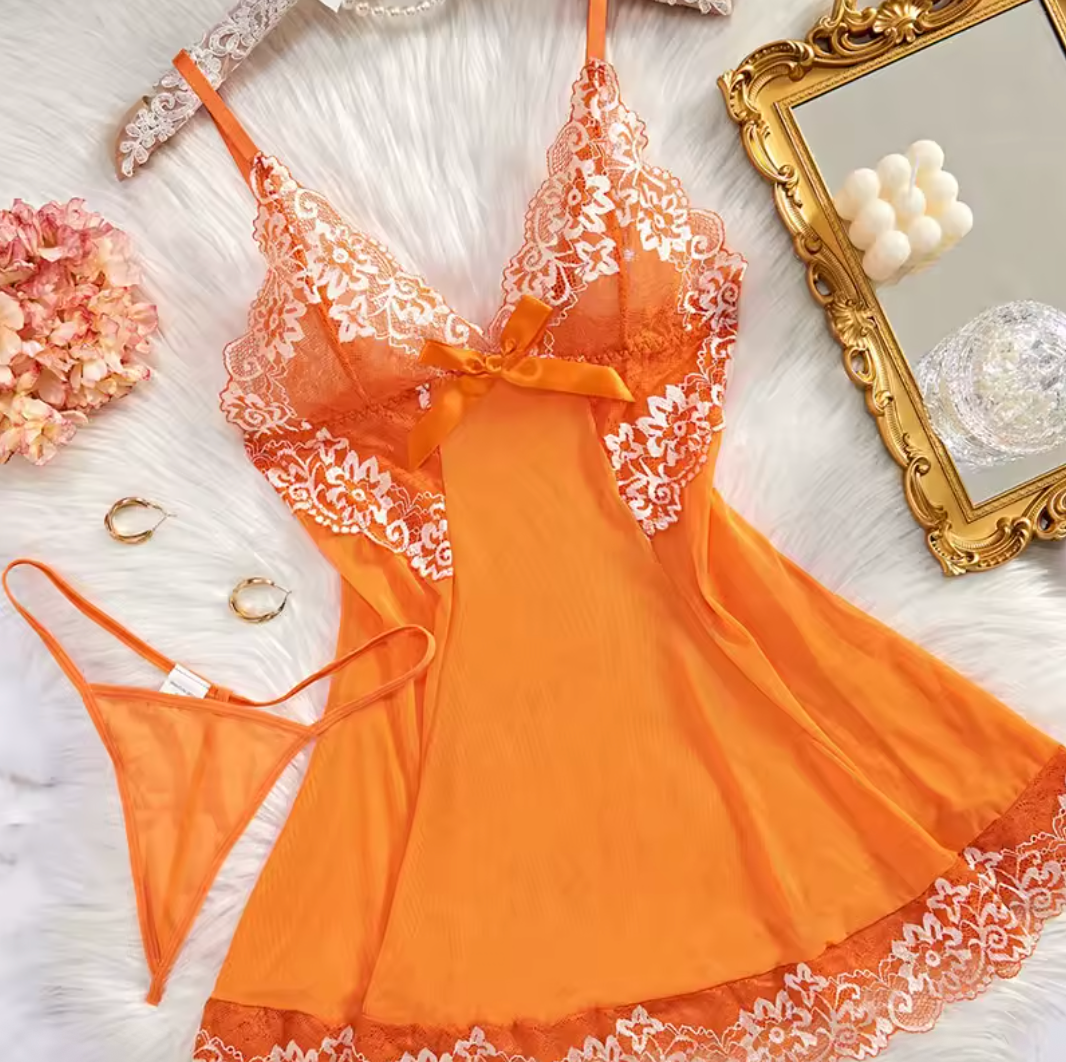 Orange Blossom – Elegant Sling Sleepwear Pajama Set with Thong Babydoll Lingerie