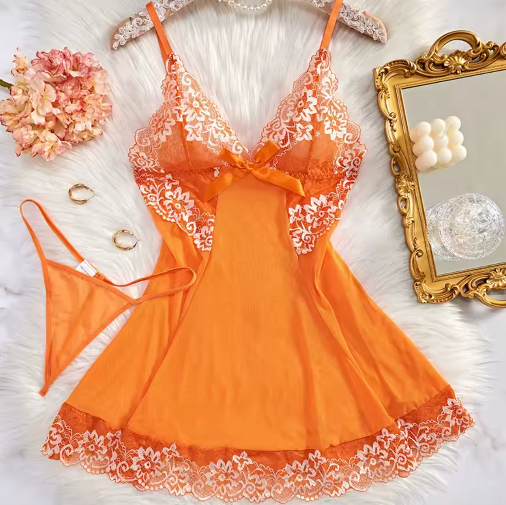 Orange Blossom – Elegant Sling Sleepwear Pajama Set with Thong Babydoll Lingerie
