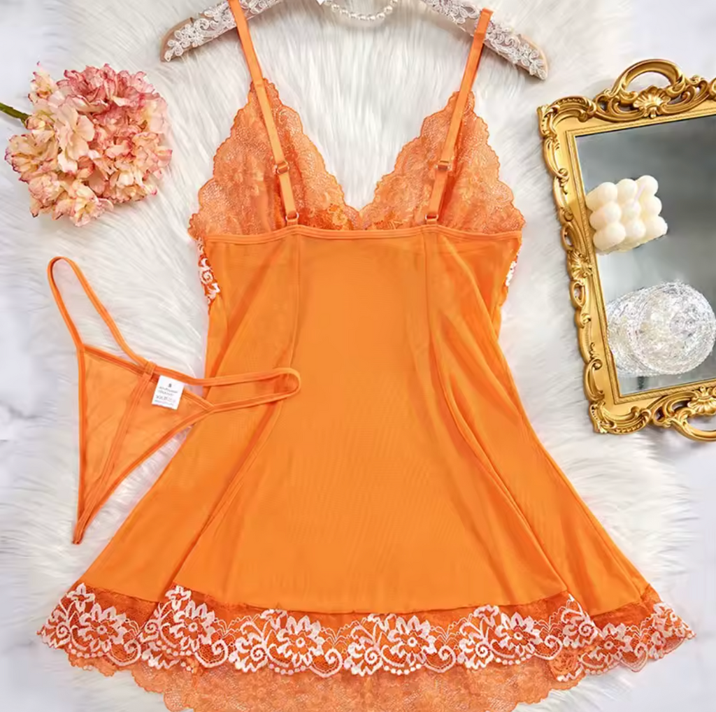 Orange Blossom – Elegant Sling Sleepwear Pajama Set with Thong Babydoll Lingerie